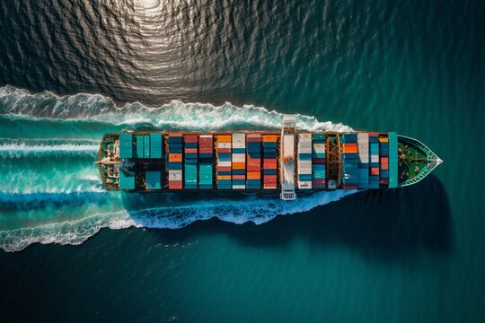 Cargo Container Ship at Sea - Aerial View. AI