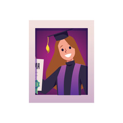 Graduation photo in frame, happy woman holding diploma - flat vector illustration isolated on white background.