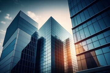 Low-angle view of modern office skyscrapers with glass exteriors. AI