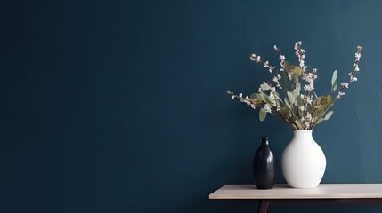 Vase with decorative plant branch against dark blue wall background. Minimalist interior mockup. Generative AI