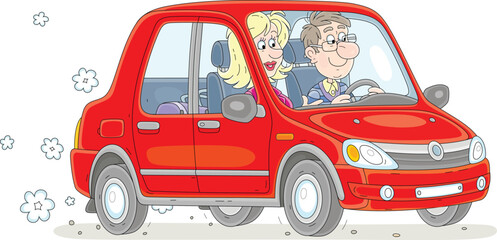 Happy young couple traveling in a red car and merrily chatting, vector cartoon illustration isolated on a white background