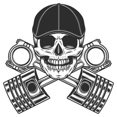 Motorcyclist biker skull in gatsby flat cap and crossed engine pistons service rapair motorcycle, car and truck business in vintage monochrome isolated vector illustration