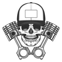 Biker skull in baseball cap and crossed engine pistons service rapair motorcycle, car and truck business in vintage monochrome isolated vector illustration