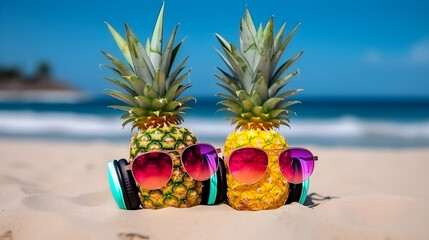 Ripe  pineapple in stylish mirrored sunglasses and golden headphones on the sand against the background turquoise sea water. Happy vacation concept. Summer sunny day on tropical island Generative AI