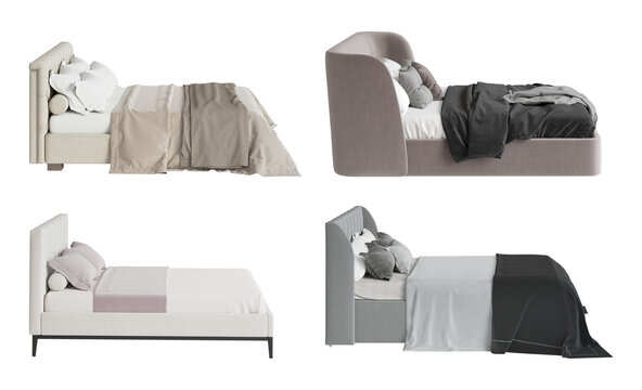 A set of four different beds. Side view. Light beige bed with beige bedspread, gray bed with black bedspread, muted pink bed with gray plaid with tassels, light beige modern minimalist bed. 3d render