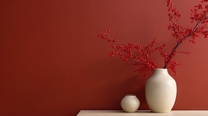 Vase with decorative plant branch against red wall background. Minimalist interior mockup. Generative AI