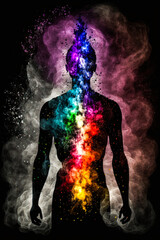 Beautiful black and white human silhouette with vaporous representation of the seven chakras brightened with vibrant colors. Ideal for creative and spiritual projects. Generative AI