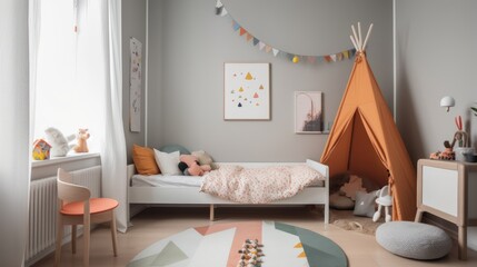 Minimalist decor and pops of color in a child's minimalistic bedroom. AI generated