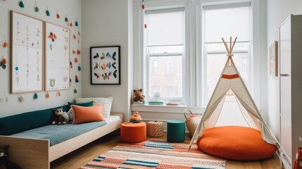 Minimalist decor and pops of color in a child's minimalistic bedroom. AI generated