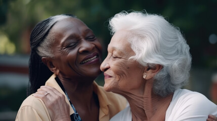 Fototapeta premium Old women lesbian couple. Black and Caucasian female in love. LGBT pride month celebration generative ai