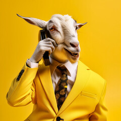 Studio photo portrait of a happy goat in business clothes, generative AI - obrazy, fototapety, plakaty