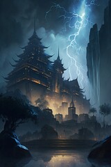 Castle with lightning japanese style