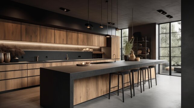 A harmonious blend of wood, metal, and concrete kitchen interior. AI generated