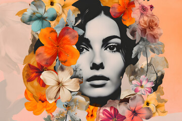 Collage with woman head and flowers, vintage collage. Generative AI.