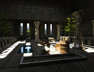 Interior of ancient Burmese stone temple in ruins. Interior design and interior decoration. Liturgical interiors. Culture and religion. 3D Render.
