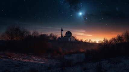 A round moon and a mosque in the sky. Generative AI.