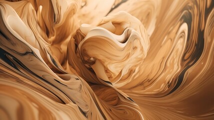 Closeup of caramel vortex. Swirl of sweet golden cream. Generative AI