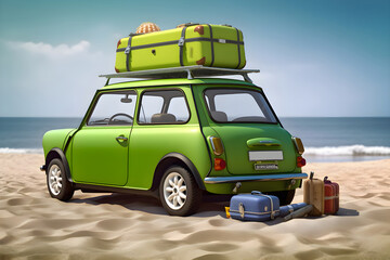 Green car with luggage on the beach near the ocean, summer vacation, Generative AI 2