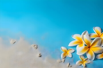 Plumeria flowers on the sand on a blue background, copy space, Generative AI 2
