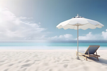 Sunbed and beach umbrella on a sandy beach, copy space, Generative AI