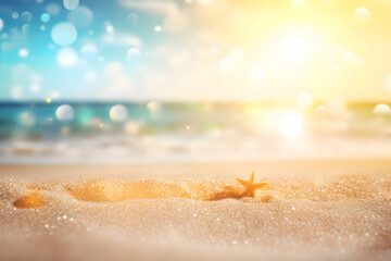 Fototapeta na wymiar Sunny background with sandy beach and sea view, copy space, Generative AI 4