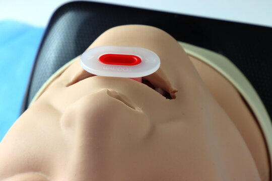 Close up view of a manequim adult patient with an Oropharyngeal airway inserted