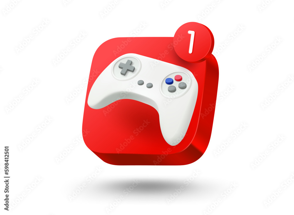 Poster Game app button. 3d vector mobile application icon with notification