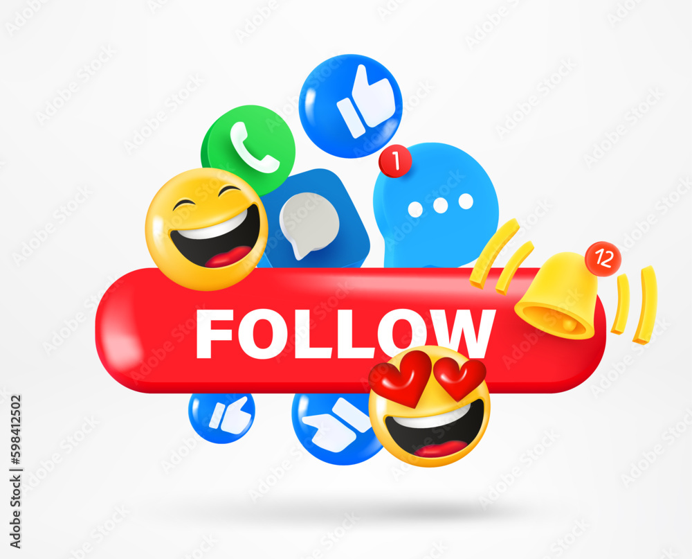 Poster social media icons and emoji and follow button. vector 3d illustration