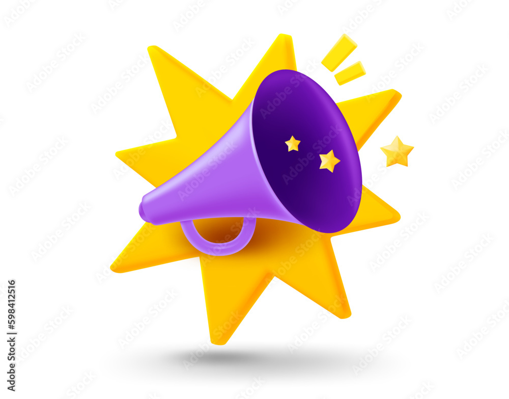 Poster Breaking news concept. Loud speaker with explosion effect. 3d vector mobile application icon with notification