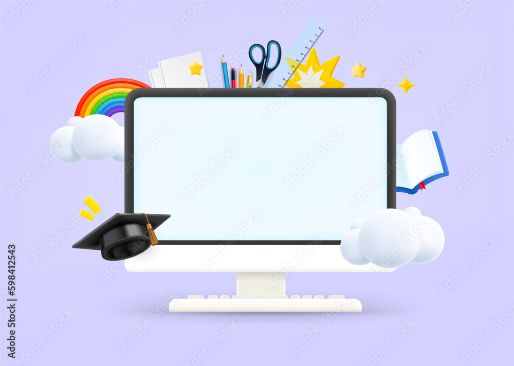 Poster Computer monitor with education elements and blank screen. 3d vector illustration
 