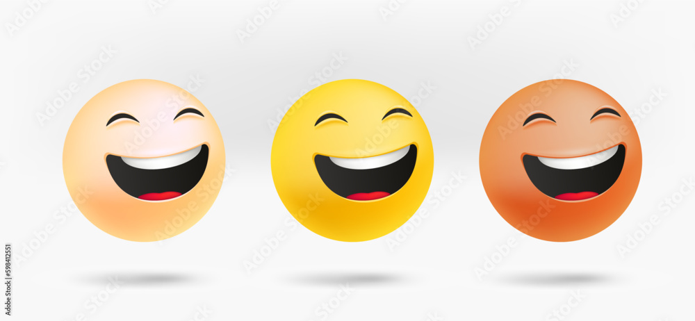 Poster different facial emoticons set. laughing emotion. 3d vector isolated on white background