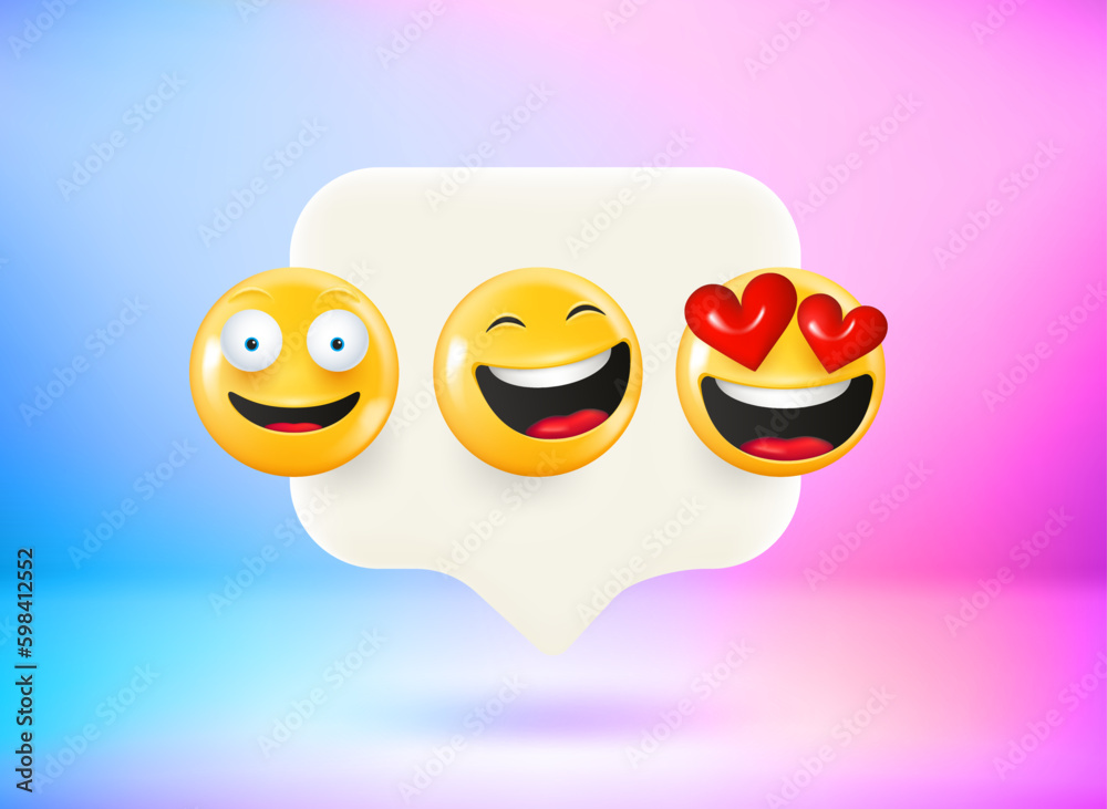 Poster Different facial emoticons set. Laughing emotion. 3d vector isolated on white background
