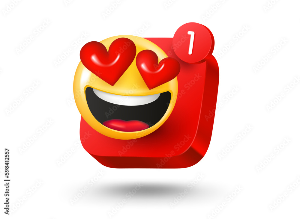 Poster Mobile app button with smiling fall in love emoji. 3d vector mobile application icon with notification