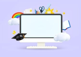 Computer monitor with education elements and blank screen. 3d vector illustration
 