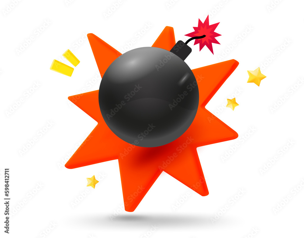 Poster Bomb with explosion effect. 3d vector mobile application icon with notification