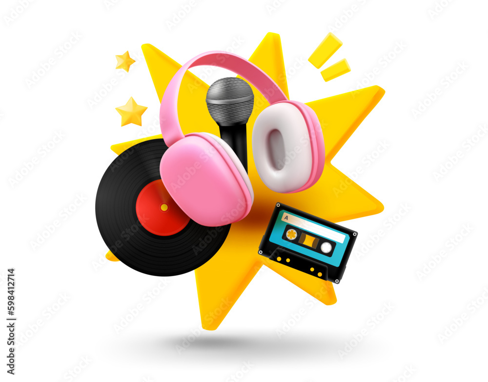 Aufkleber Sound elements with explosion effect. 3d vector mobile application icon with notification