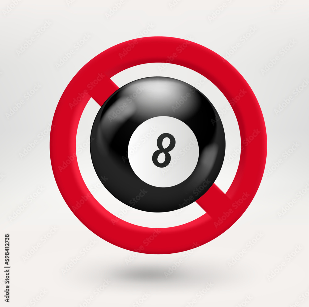 Poster Billiard ball icon in red circle with crossed line. No light concept. 3d vector icon 
