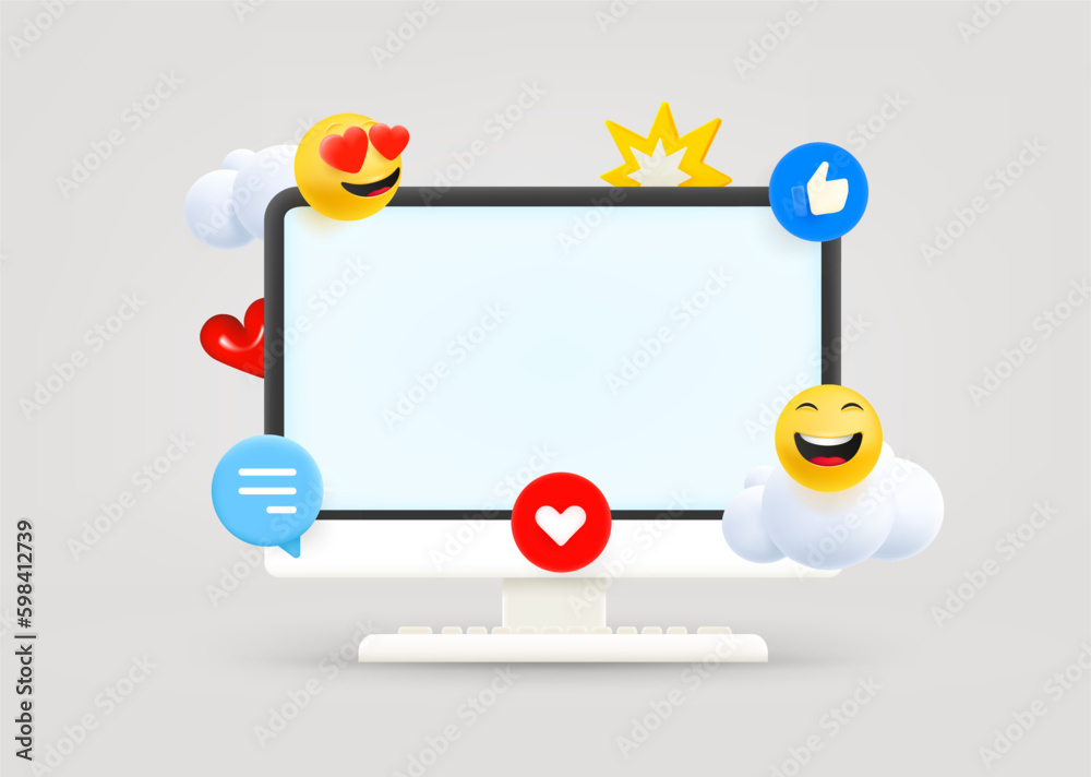 Poster Computer monitor with social media elements and blank screen. 3d vector illustration
 