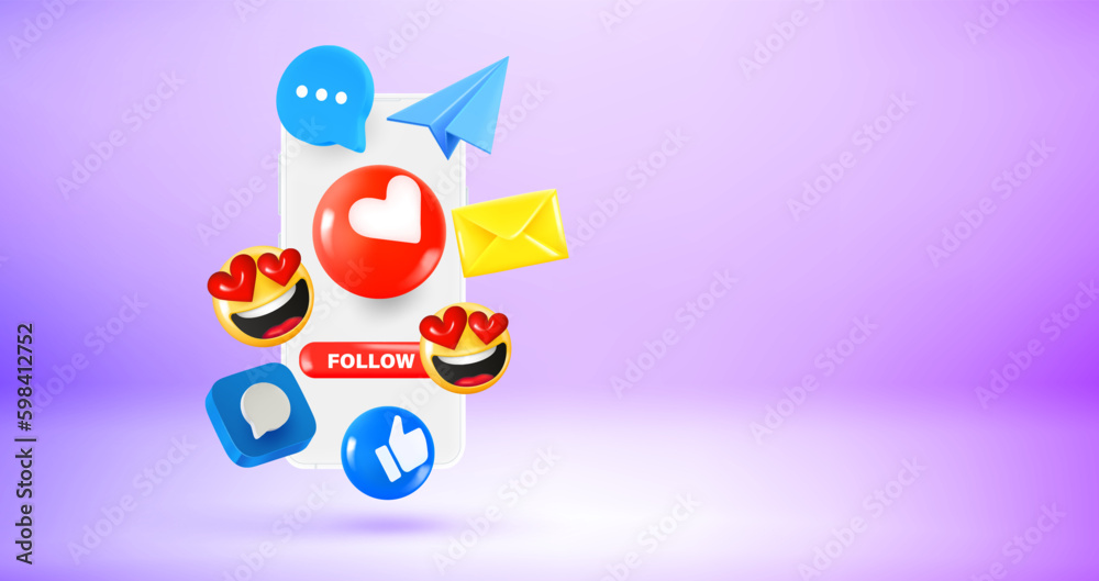 Aufkleber man holding smartphone with social media icons and emoji. vector 3d banner with copy space