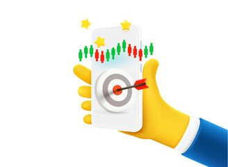 Businessman holding smartphone with darts and chart. 3d vector illustration