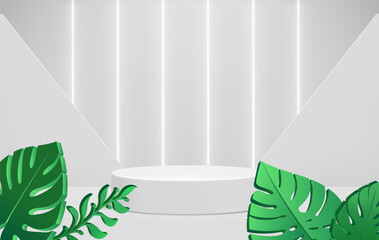 Bright neon illuminated room with podium and green leaves. Eco friendly product showcase template. 3d vector background