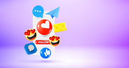 Man holding smartphone with Social media icons and emoji. Vector 3d banner with copy space
