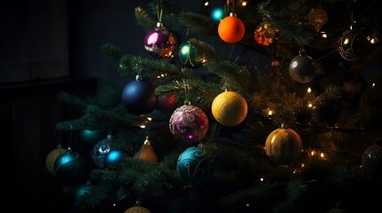 A christmas tree with a dark background and colorful balls with copy space at home.