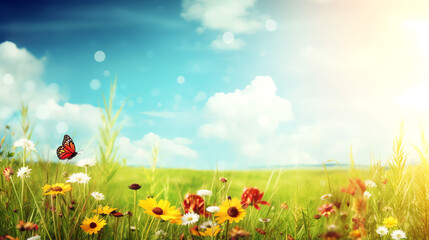 Butterfly and field of flowers under blue summer sky - Generative AI