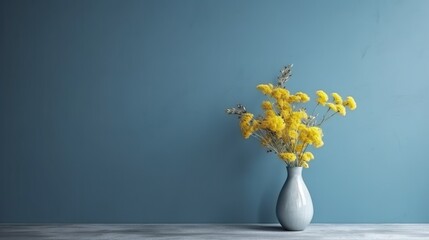 Vase with decorative plant branch against blue wall background. Minimalist interior mockup. Generative AI
