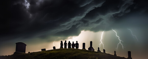People gathered on a hill in the middle of a storm. Dark and intense silhouette, crackling glow of lightning. Mystery and thrill guaranteed. Generative AI - obrazy, fototapety, plakaty