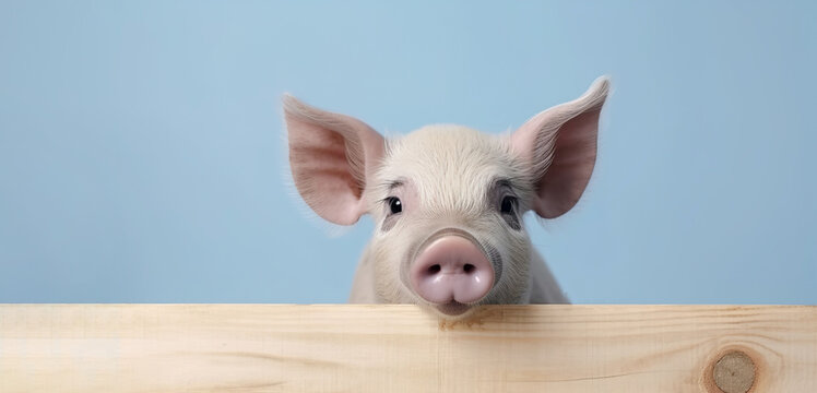 A cute pig close-up peeks out from behind a wooden horizontal board, on a blue background. Banner, place for text. ai generation