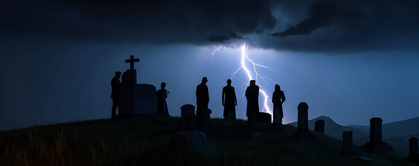 People in funeral clothes on a hill during a thunderstorm with lightning and lightning. A powerful, mysterious and frightening scene. Generative AI - obrazy, fototapety, plakaty