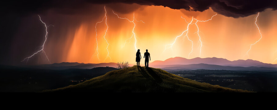 A couple stands embracing on a hillside under the lightning and rain of a thunderstorm. Idyllic weather imagery to complement any visual document. Generative AI