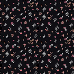 Vector floral seamless pattern. Line flower and leaves in flat style